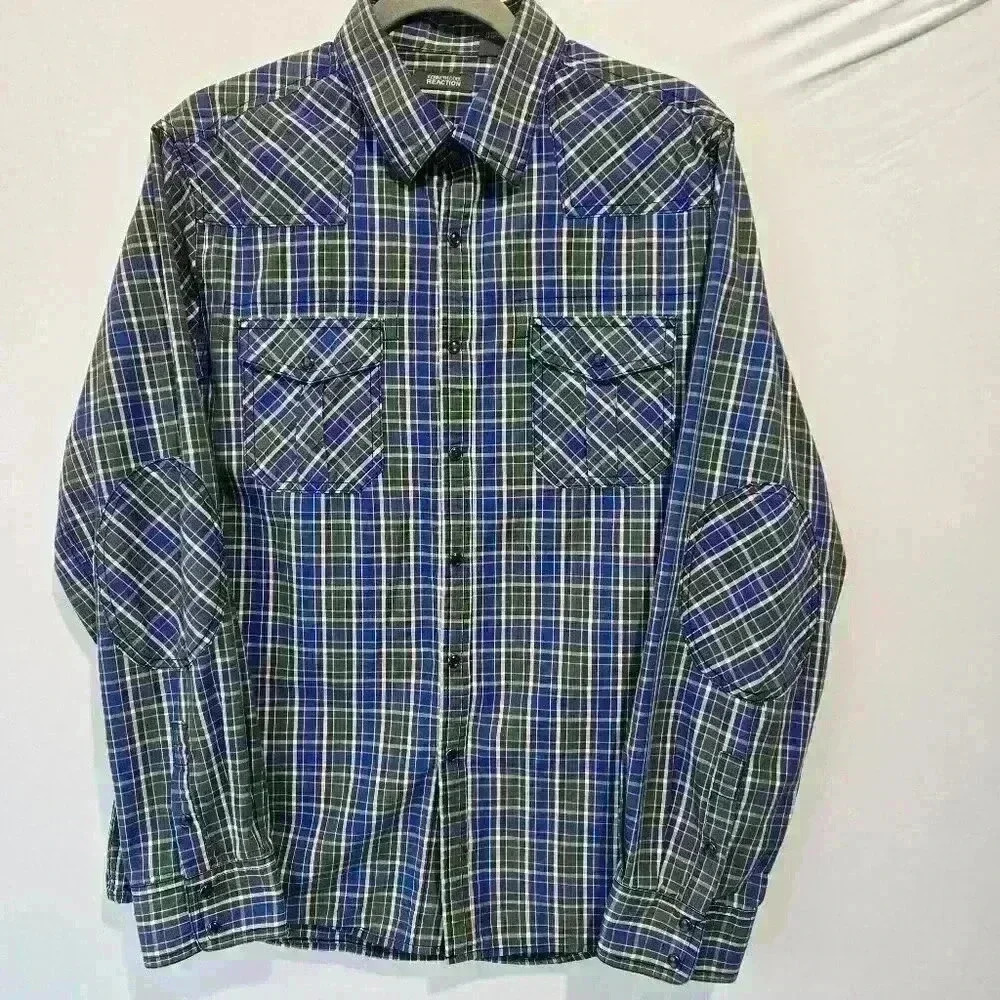 Mens Kenneth Cole Reaction Blue Green Black Plaid W Western Snaps - Sz L